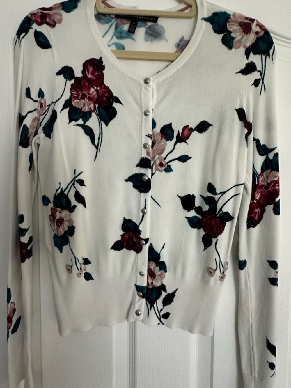 White House Black Market Floral Cardigan Sweater - White with Burgundy & Teal
